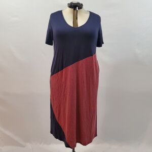 Bloomchic Split Hem Dress Women's 1X Pink Indigo Colorblock Short Sleeve NWT